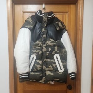 NWT Faith Connexion Down/Leather Jacket, Men's Size Small, Oversized, Camo/Black